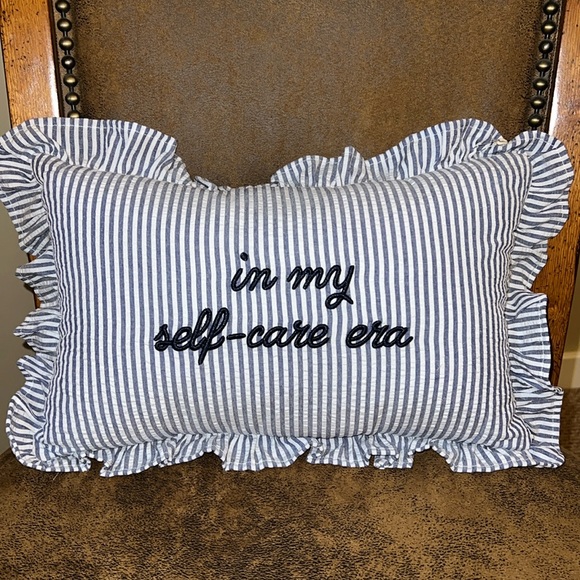 Stylehouse | “In My Self-Care Era” Striped Embroidered Pillow - Picture 1 of 6